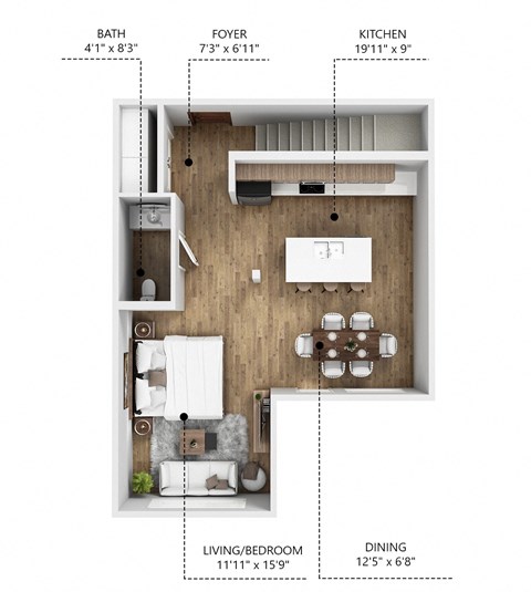 Floor plan for 1 bed, 1.5 baths, 850 sqft